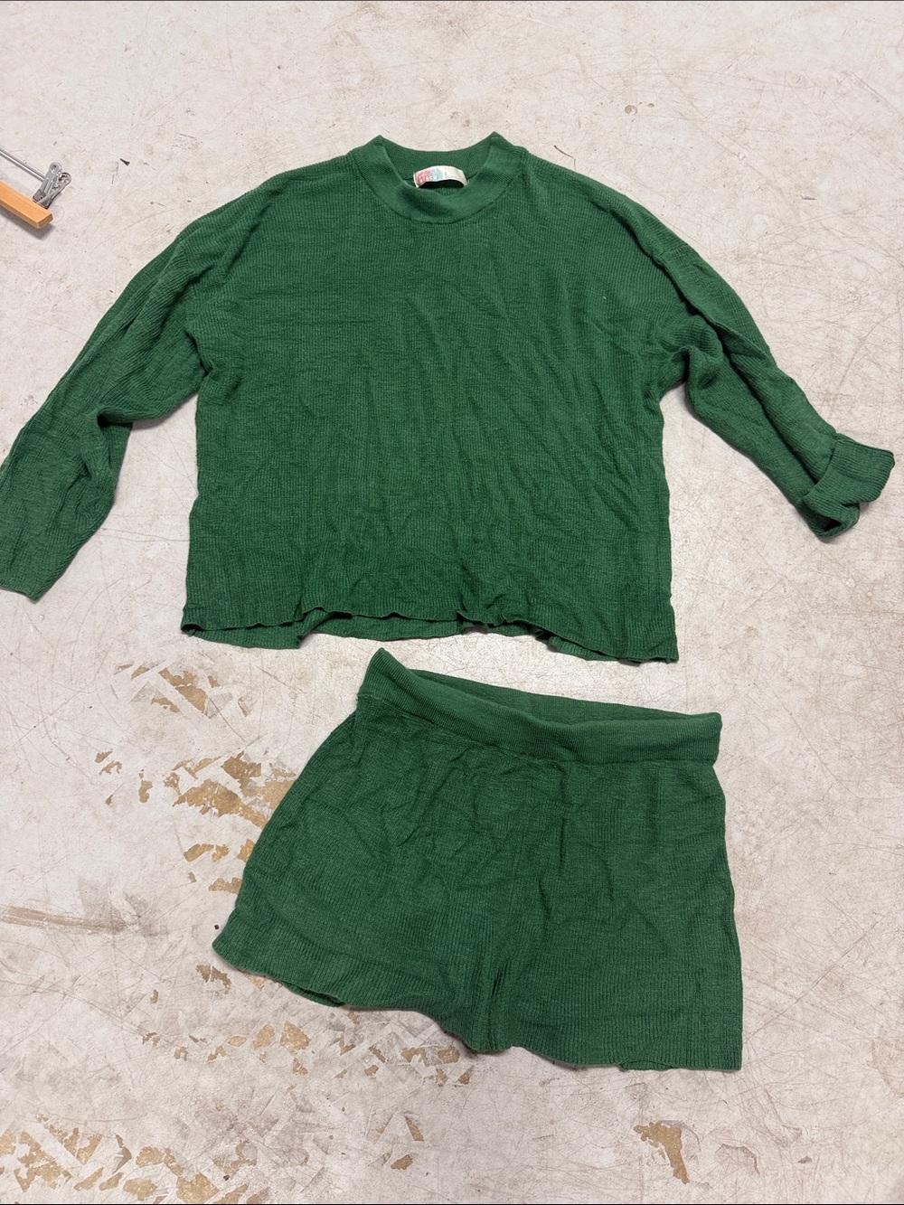 Green Knit Top and Shorts Set FP BEACH - Size Large - Long Sleeve & Shorts